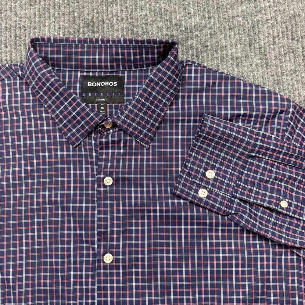 Bonobos‎ Mens XXL Navy Pink Plaid Performance Shirt Regular Standard Fit